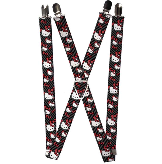 Suspenders - 1.0" - Hello Kitty Multi Face w/Diagonal Stripes/Bows Black/Gray/Red