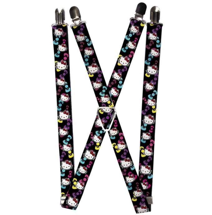 Suspenders - 1.0" - Hello Kitty Multi Face w/Bows Black/Purple/Turquoise/Yellow