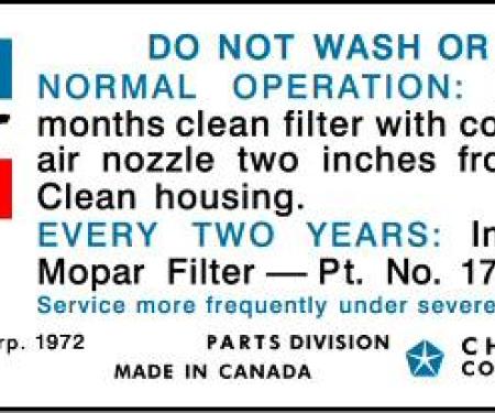 1974 Mopar 318 Air Cleaner Service Instructions Decal (Blue/Black Print)
