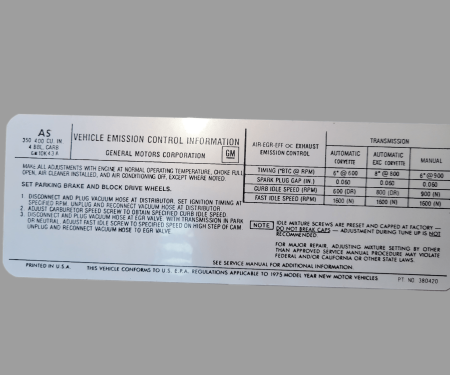 Corvette Decal, Emission L48, 1975
