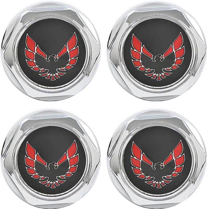 OER 1977-81 Firebird - Wheel Center Caps Chrome with Red Bird Emblem and Metal Clips - Set of 4 748665
