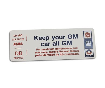 Corvette Decal, Air Cleaner Keep Your GM Car All GM, 1974