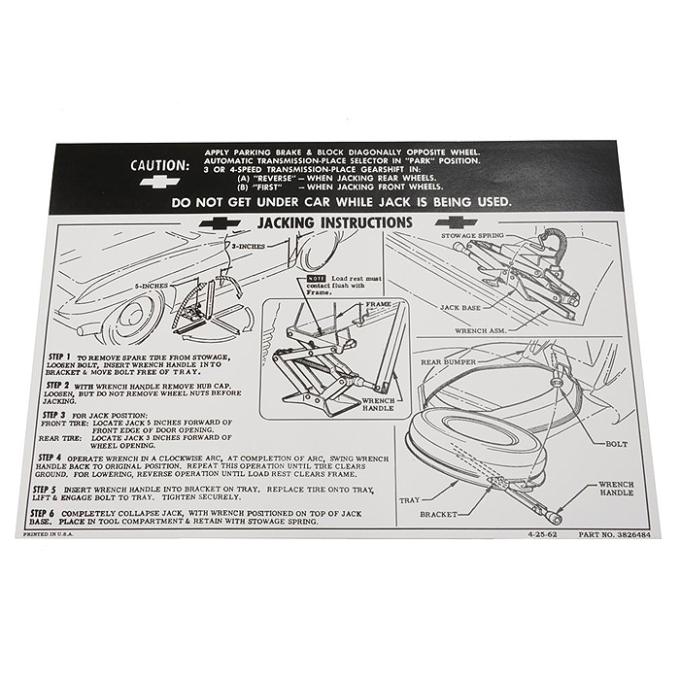 Corvette Decal, Jacking Instruction, 1965-1966
