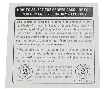 Corvette Decal, Fuel Recommendations, 1973-1974