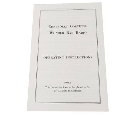 Corvette Card, Wonderbar Radio Instructions, 1958-1963